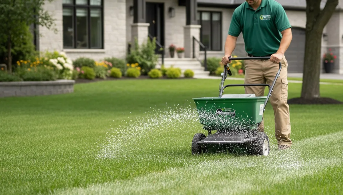 Lawn care technician spreading fertilizer evenly on residential turf in Burlington, VT