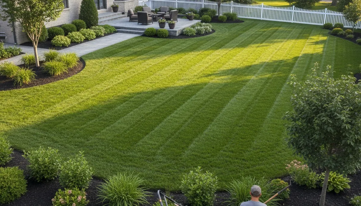 Manicured residential lawn showing professional lawn maintenance in Burlington, VT by Chop Chop Landscaping